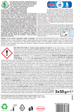 Tył opakowania Bref Power Aktiv zawieszki WC. Biała etykieta z opisem, symbolem ostrzegawczym i logotypami Henkel.