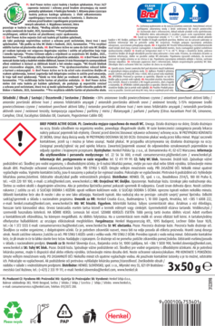 Biało-niebieski tył opakowania Bref Power Aktiv Arctic Ocean 3x50g zawieszek do WC, z opisem i ikonami.