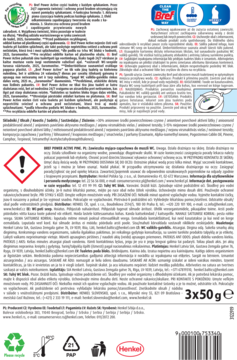 Bref Power Active, szczegółowa etykieta zawieszek do toalet z tekstem PL, logo Henkel, ikony funkcji i ostrzeżeń.