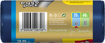 Granatowe worki na śmieci Jan Niezbędny Easy Pack, tył opakowania z kodem kreskowym i info o pojemności 35L i 60L.
