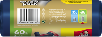 Tył opakowania worków na śmieci easy pack 60L z kodem kreskowym, pojemnościami 35L i 60L.