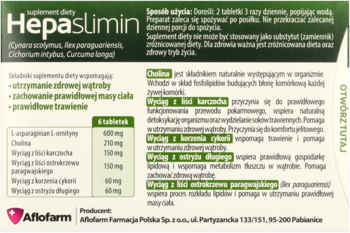 Tył opakowania Hepaslimin suplementu diety, zielono-białe, z informacjami o zdrowej wątrobie i trawieniu.