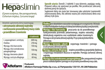 Etykieta suplementu Hepaslimin: biała ulotka z zielonym logo, opis wspierający wątrobę i trawienie.