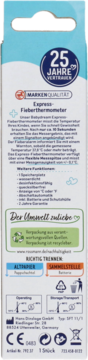 Tył opakowania termometru Babydream Express. Widoczne funkcje, instrukcje recyklingu i dane producenta.