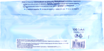 Tył błękitnego opakowania woreczków na pieluchy Babydream, 100 sztuk, świeży zapach, z kodem kreskowym i tekstem.