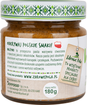 Szklany słoik wegetariańskiej pasty WA:ŻYWO 180g, widok od tyłu na etykietę z opisem i zieloną pokrywkę.