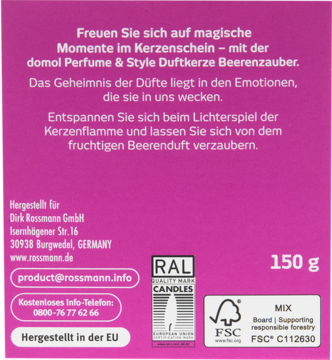 Tył fioletowego opakowania świecy zapachowej domol Perfume & Style Beerenzauber 150g z tekstem po niemiecku.
