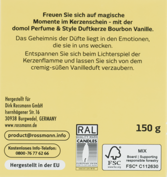 Tył opakowania świecy Domol Perfume & Style Wanilia 150g, żółte, z logo FSC, RAL i danymi producenta.