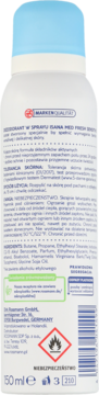 Tył białego dezodorantu Isana Med Fresh Sensitive w sprayu 50ml, z błękitną nakrętką i tekstem na etykiecie.