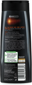 Tył czarnej butelki żelu Isana Men Active Sport 3w1 z listą składników, kodem kreskowym i informacjami o recyklingu.