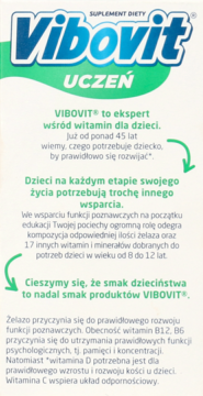 Vibovit Uczeń, suplement diety, biało-zielone opakowanie, widok z przodu, wspiera rozwój poznawczy i odporność.
