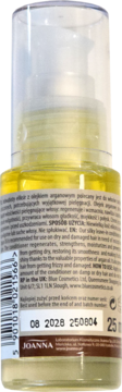 Tył przezroczystej butelki Joanna Eliksir z olejkiem arganowym 25 ml do włosów suchych, etykieta z datą ważności.
