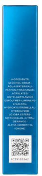 Boczny widok niebieskiego opakowania Davidoff Cool Water, z listą składników, kodem QR i numerem F039105562.