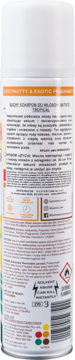 Tył białej puszki suchego szamponu Batiste Tropical z instrukcją i informacjami o produkcie po polsku.