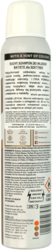 Tył brązowej puszki suchego szamponu Batiste dla szatynek, z polskim opisem składników i ostrzeżeniami.