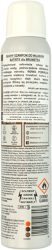 Tył białego opakowania suchego szamponu Batiste dla brunetek, widoczny opis produktu i ostrzeżenia.