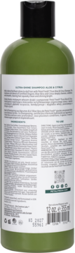 Tył zielonej butelki szamponu Ultra-Shine Aloe & Citrus, widoczne szczegółowe składniki i sposób użycia.