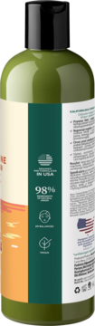 Odżywka do włosów Aloe & Citrus w zielonej butelce, tył opakowania z etykietą i detalami, m.in. 98% składników naturalnych, Made in USA, wegańska.
