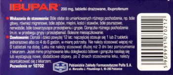 Tył niebieskiego opakowania tabletek drażowanych Ibupar z ibuprofenem. Widoczne wskazania, dawkowanie i kod kreskowy.