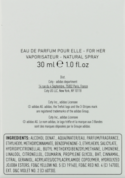 Tył białego opakowania Adidas Born Original Eau de Parfum 30ml dla kobiet, z listą składników i informacjami.