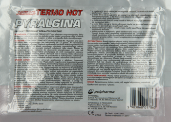 Pyralgina Termo Hot, tył srebrnego opakowania plastra rozgrzewającego z instrukcjami i kodem kreskowym.