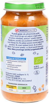 Tył słoiczka z ekologicznym daniem pomidorowym z makaronem dla dzieci, zielona nakrętka, tekst i logo bio.
