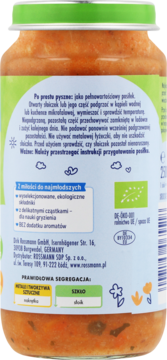 Tył słoiczka z ekologicznym daniem dla dzieci (sos pomidorowy, makaron). Instrukcje, skład, BIO logo. Bez aromatów.