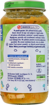 Tył słoiczka z ekologicznym daniem Rossmann dla niemowląt (warzywa, ryż, kurczak), szczegóły składników.