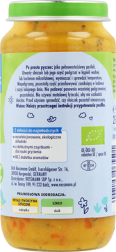 Tył słoiczka z organicznym daniem dla niemowląt (warzywa, ryż, kurczak). Zielona etykieta, info o składzie i recyklingu.