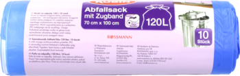 Rolka niebieskich worków na odpady Abfallsack mit Zugband, 120L, 10 sztuk. Widok frontu opakowania.