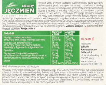 Opakowanie suplementu Młody Jęczmień, zielono-biała etykieta z listą składników, widok z góry.