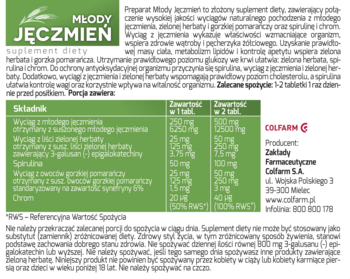 Młody Jęczmień suplement diety, tył opakowania z tabelą składników, opisem i danymi producenta.