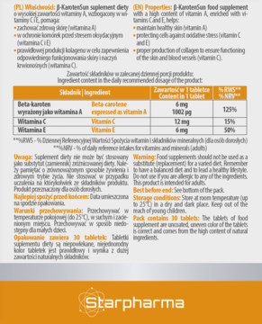 STARPHARMA ß-KAROTENSUN Forte ,kapsułki, beta-karoten, witamina C i E, suplement diety,tył