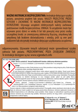 Tył opakowania Glade Electric scented oil, brązowo-beżowy, z polskimi instrukcjami bezpieczeństwa i ostrzeżeniami.