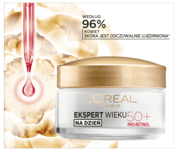 L'Oréal Ekspert Wieku 50+ Pro-Retinol krem na dzień w białym słoiczku ze złotą nakrętką, widok z przodu.