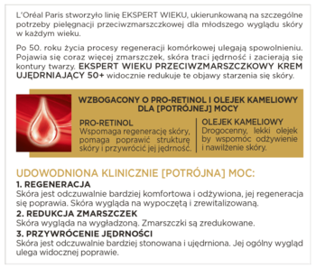 Grafika L'Oréal Paris Ekspert Wieku 50+ krem. Opis Pro-Retinol i olejek kameliowy. Złota kropla.