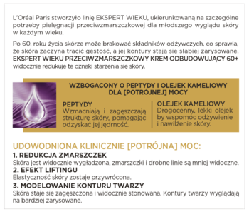 Grafika L'Oreal Ekspert Wieku 60+ przeciwzmarszczkowy krem, fioletowa kropla, peptydy, olejek kameliowy i 'potrójna moc'.