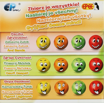 Karta kolekcjonerska EPEE z wizerunkami 12 zabawnych emotikonów. Cztery rzędy, po cztery kolorowe buźki. Tekst 'Zbierz je wszystkie!'