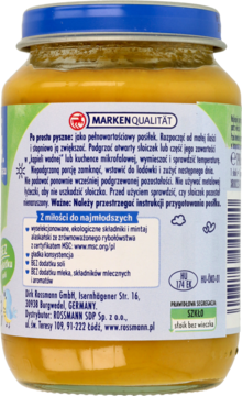 Tył szklanego słoiczka Rossmann z organicznym przecierem dla niemowląt, widoczne etykiety certyfikatu MSC i składu.