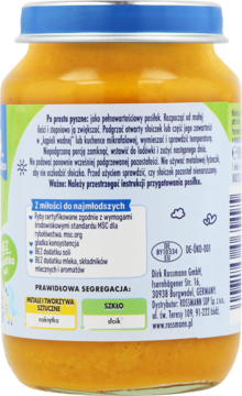Tył słoiczka puree dla niemowląt Rossmann, niebieska nakrętka, zielona etykieta ze składnikami eko bez soli.