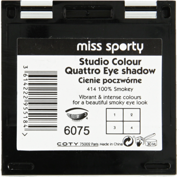 Tył opakowania Miss Sporty Studio Colour Quattro Eye Shadow 414 Smokey, biała etykieta z opisem i kodem.