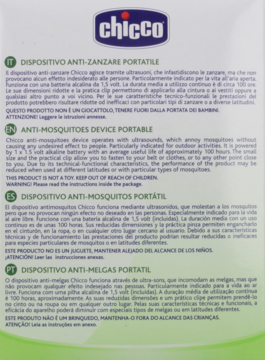 Opakowanie Chicco przenośny odstraszacz komarów z tekstem wielojęzycznym, zielone tło i białe litery.