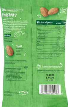 Tył zielonej paczki Genuss Plus Migdały Naturalne 150g z tabelą wartości odżywczych i opisem produktu.