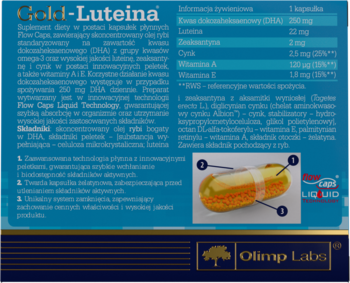 Tył opakowania Gold-Luteina Olimp Labs, suplementu na wzrok, z grafiką przekroju kapsułki, niebieskie tło.