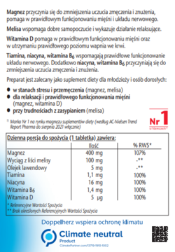 Biała ulotka Magnez Retard 400 Doppelherz aktiv, opisująca działanie i składniki, z logo Climate Neutral.