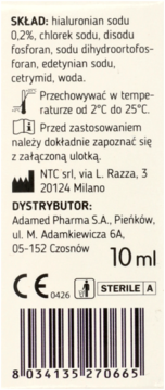 Tył opakowania nawilżających kropli do oczu Hialeye 10ml, z listą składników, kodem kreskowym i info dystrybutora.