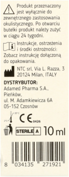 Tylna etykieta kropli do oczu, beżowa, z polskimi instrukcjami, symbolami sterylności i objętością 10 ml.