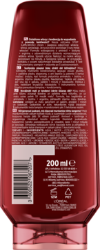 Tył czerwonej butelki odżywki Elseve Full Resist Stop Łamliwości 200 ml, z czytelnym opisem i kodem kreskowym.