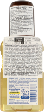 Sunozon Olejek do opalania w sprayu SPF 25, 150 ml, tył butelki z polską etykietą i listą składników.