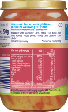 Tył słoiczka HiPP BIO, bezglutenowe ziemniaki z wołowiną, z tabelą wartości odżywczych na białej etykiecie.